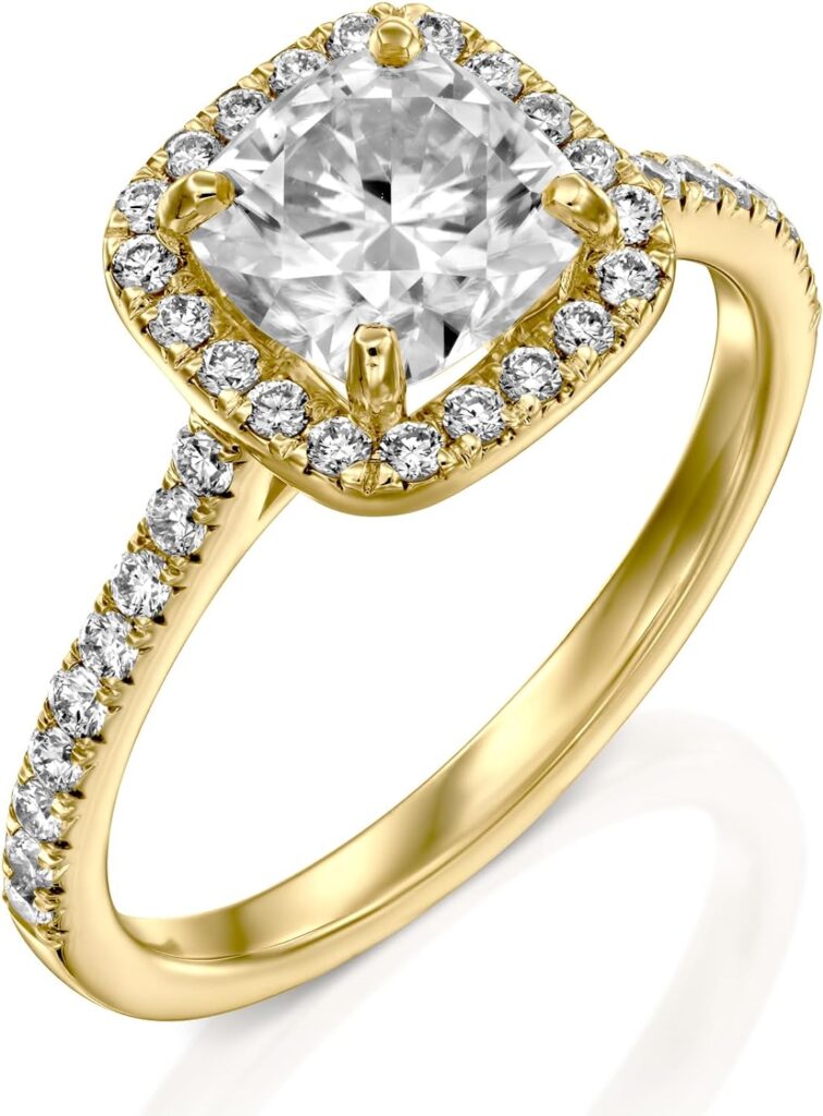 1.50-2.30 Cttw Cushion Cut Lab Grown Diamond and Moissanite Halo Engagement Ring 14k Yellow or White Gold (D-E/VS, D-E/VS) | Comes With Gift Box