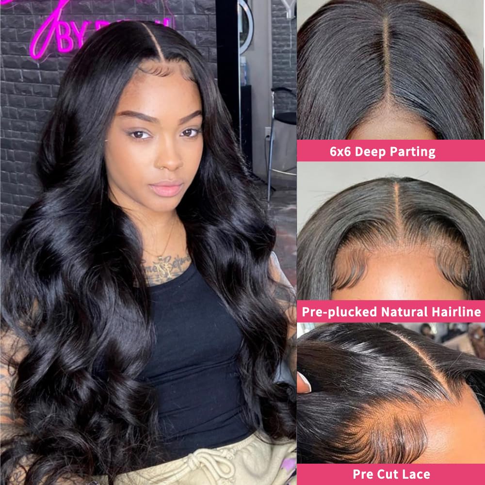 28 Inch Wear and Go Glueless Wigs Human Hair Pre Plucked Pre Cut 6x6 Hd Lace Closure Wigs Human Hair for Women 180% Density Ready to Wear Glueless Body Wave Lace Front Wigs Human Hair No Glue Wigs