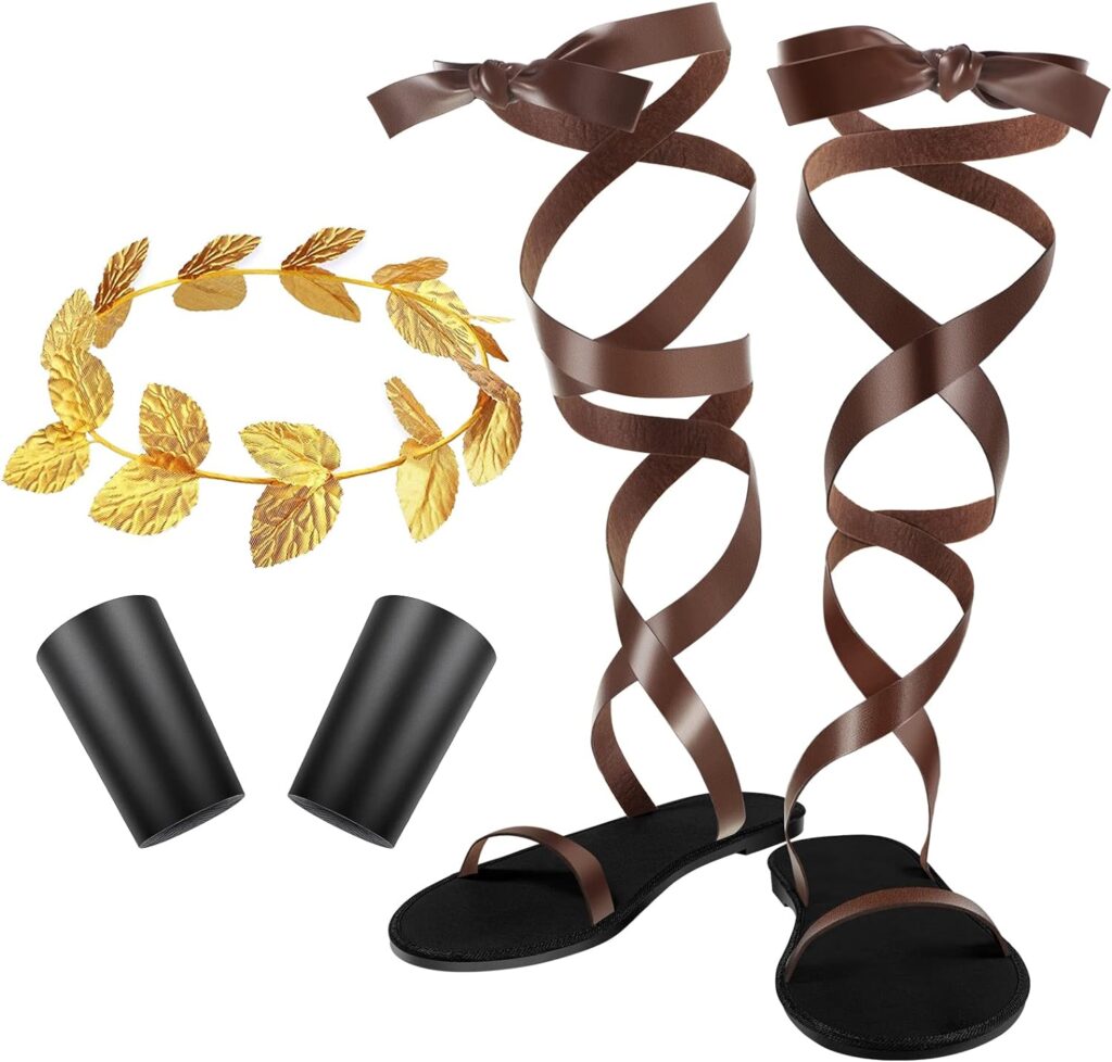 3 PCS Halloween Mens Toga Roman Sandals Accessory Gold Laurel Head Wreath Wristband Set Leaf Crown Sandals Wristband