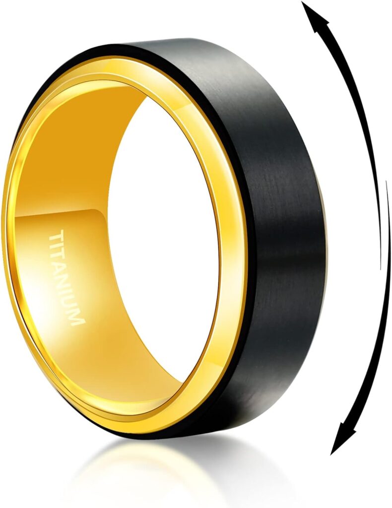 6mm/8mm Fidget Mens Ring Brushed Titanium Wedding Spinner Rings for Men Half Sizes, Stainless Steel Bevel Step Edge Anxiety Stress Relieving Band Rings Black Gold Silver Comfort fit Size 6-16