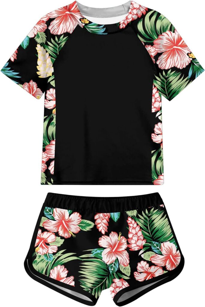 ADUKIDE Girls Rash Guard Swimsuit 2-Piece Bathing Suit UPF 50+ Summer Beach Swimwear Size 7-14T