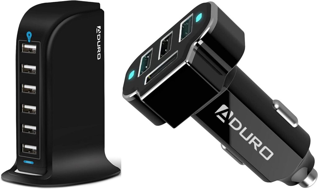 Aduro 40W 6-Port USB Desktop Charging Station Hub Wall Charger, Black Bundle with 4 Port Car Charger USB Adapter, 12V Fast Car Charger USB Adapter, Black