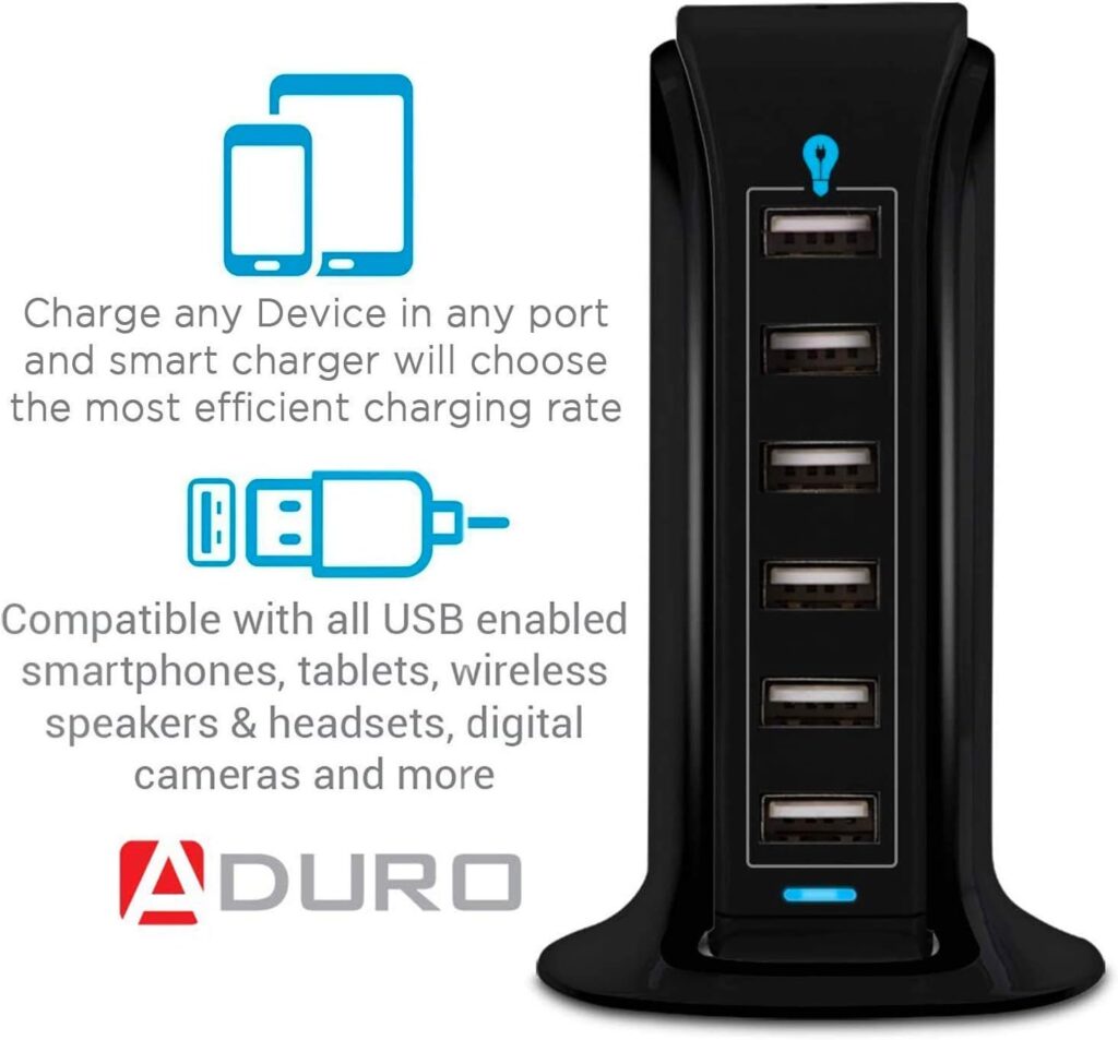 Aduro 40W 6-Port USB Desktop Charging Station Hub Wall Charger, Black Bundle with Multiple Plug Outlet Extender with USB Charger Surge Protector PowerUp Squared, Black