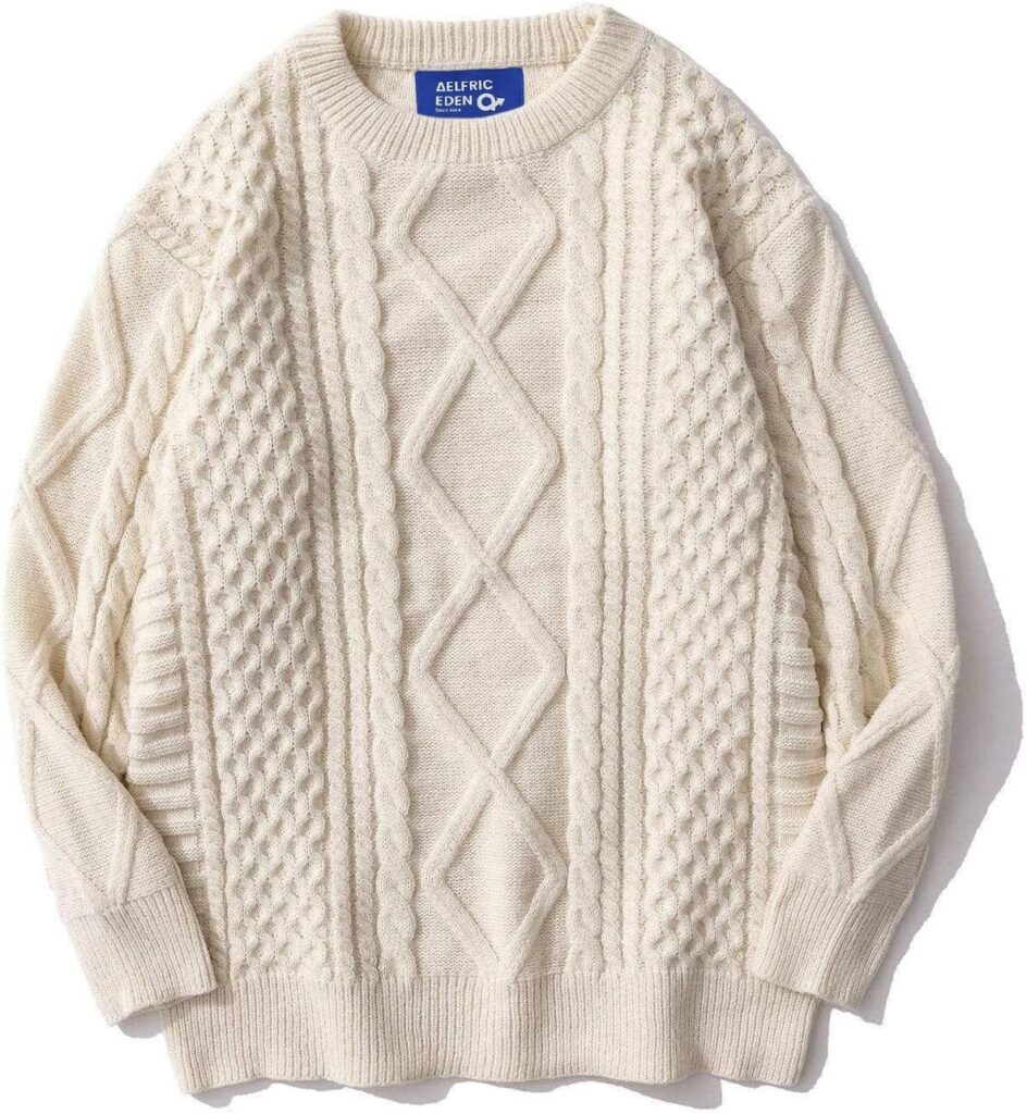 Aelfric Eden Cable Knit Sweater Women Vintage Chunky Cream Sweater Men Woven Crewneck Knitted Pullover White