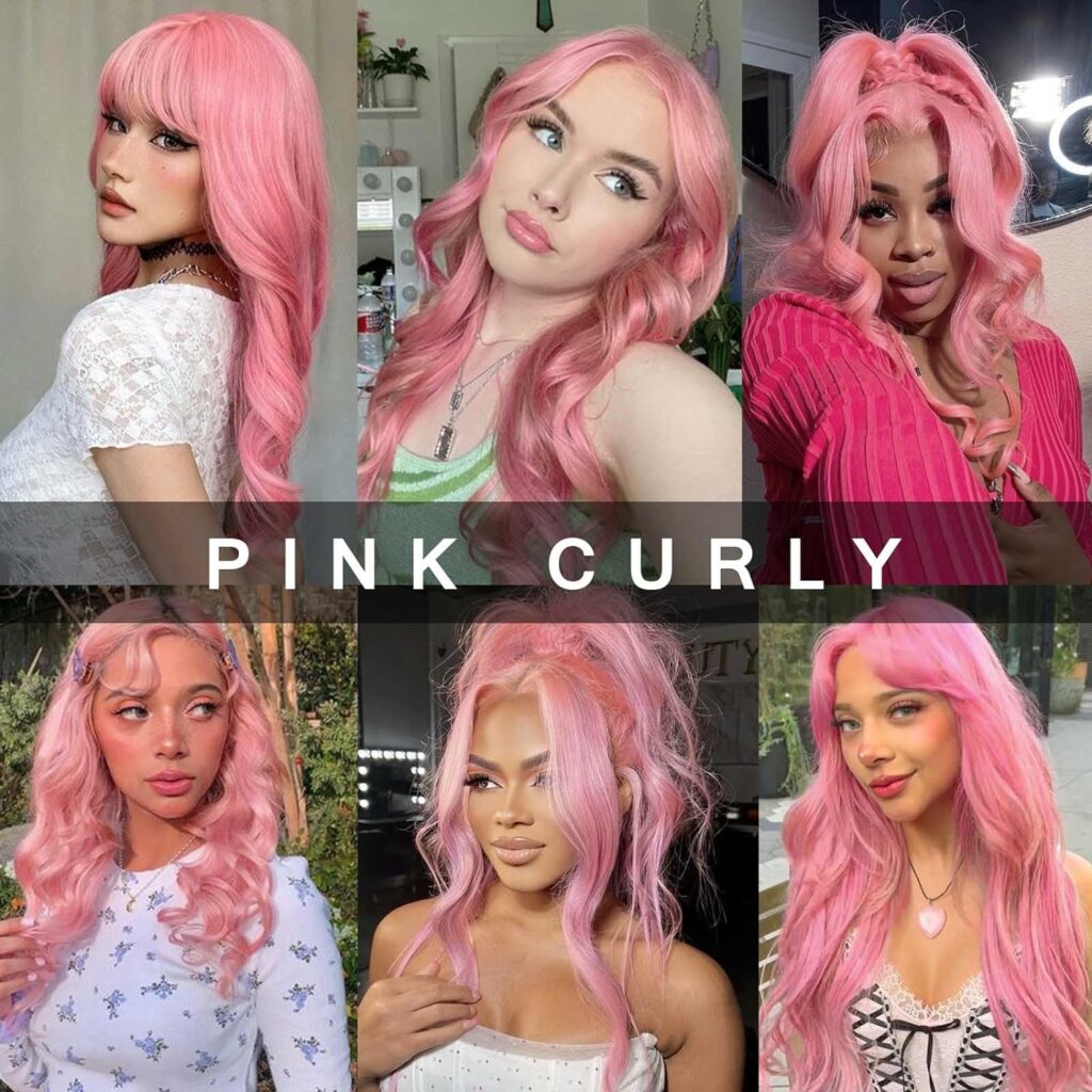 AIDUSA Pink Wigs for Women Long Wig Synthetic Pink Wig with Bangs 24 Inch Wavy Wig Curly Wigs for White Women Cosplay Wig (#Pink)