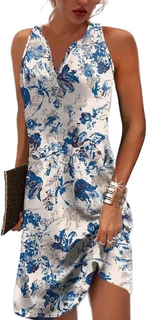 Akivide Womens Boho Floral Printed Button V Neck Sundresses Ethnic Summer Beach Vacation Sleeveless Tunic Dress