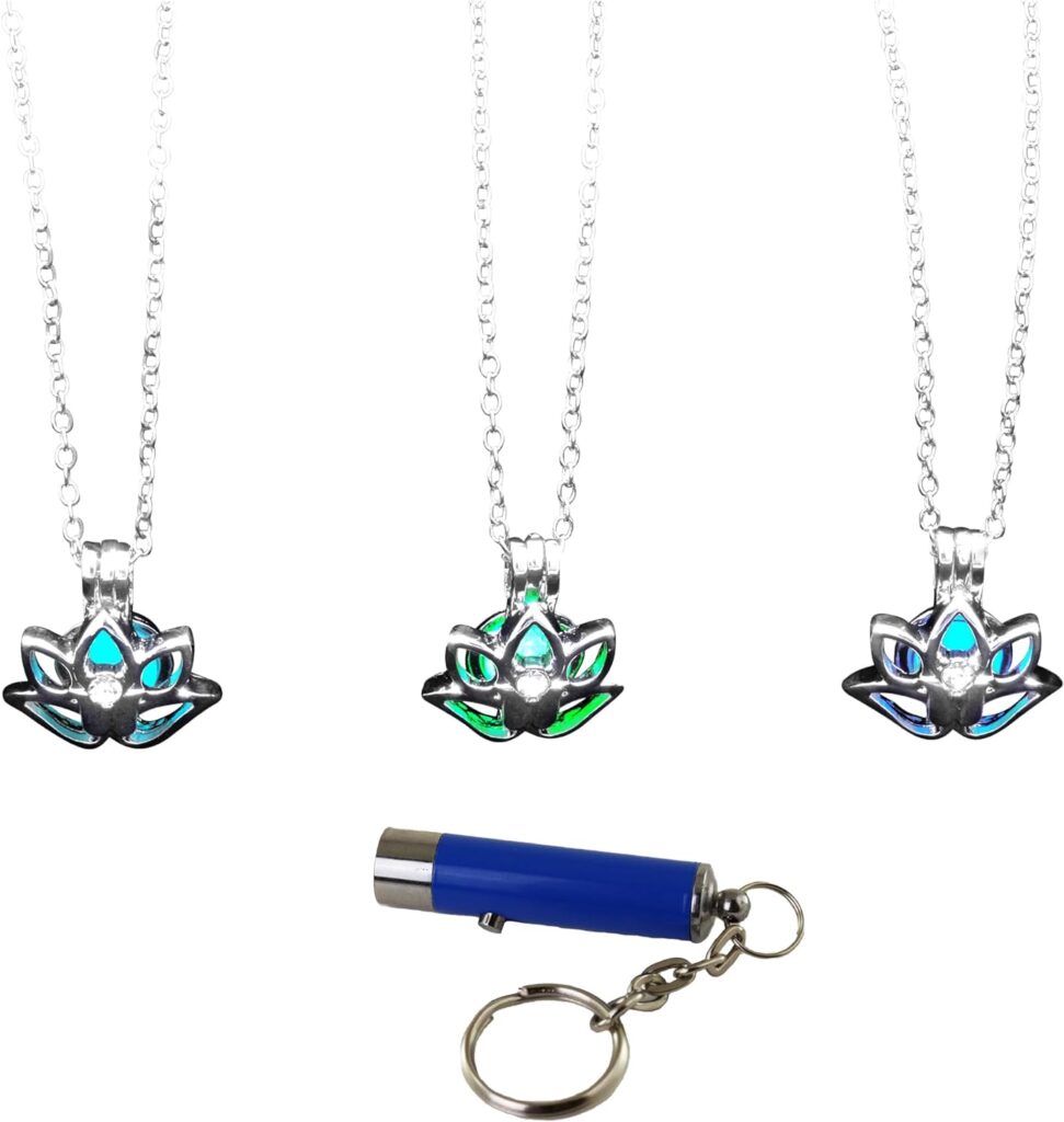 AlterImage Jewelry Mesmerizing Lotus Flower Glow In The Dark Necklaces Set of 3 Luminous Jewelry Green Blue  Sky Blue Includes UV Light