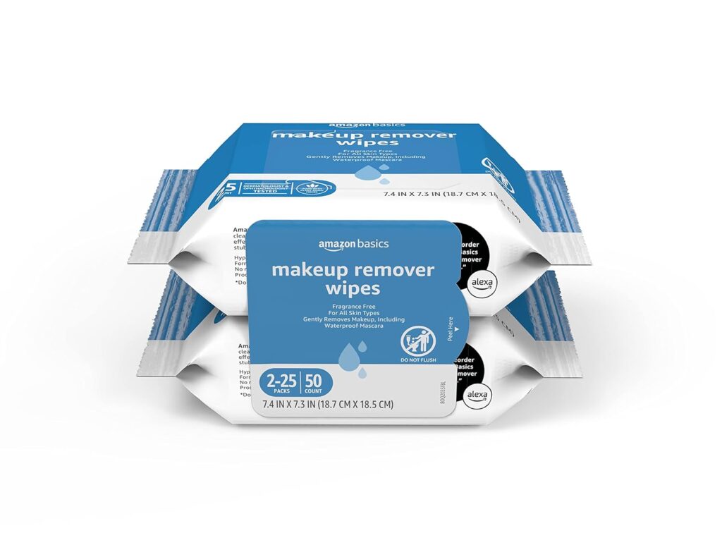 Amazon Basics Make Up Remover Wipes, Fragrance Free, 50 Count (2 Packs of 25) (Previously Solimo)