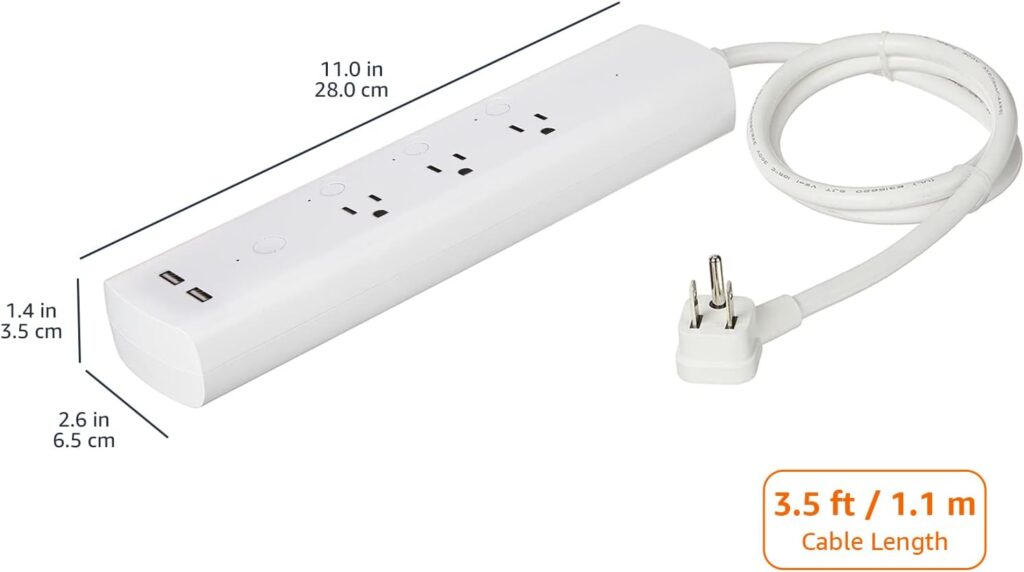 Amazon Basics Rectangle Smart Plug Power Strip, Surge Protector with 3 Individually Controlled Outlets and 2 USB Ports, 2.4 GHz Wi-Fi, Works with Alexa, White, 11.02 x 2.56 x 1.38 in