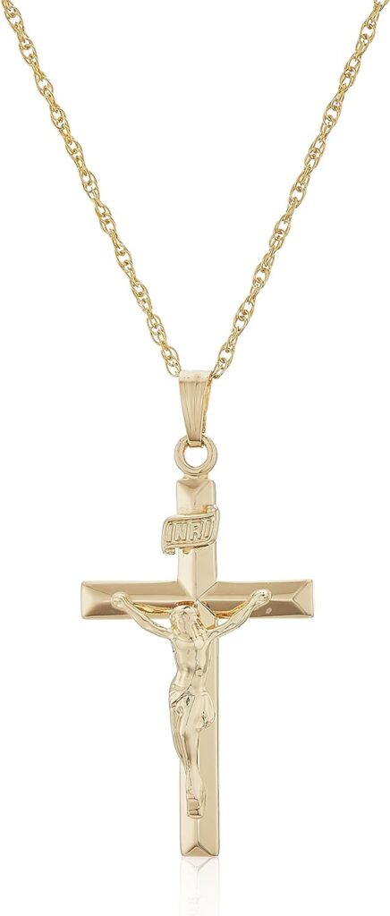 Amazon Collection 14k Gold Filled Solid Beveled Edge Embossed Crucifix Cross with 14K Gold Filled Chain Pendant Necklace, 18”