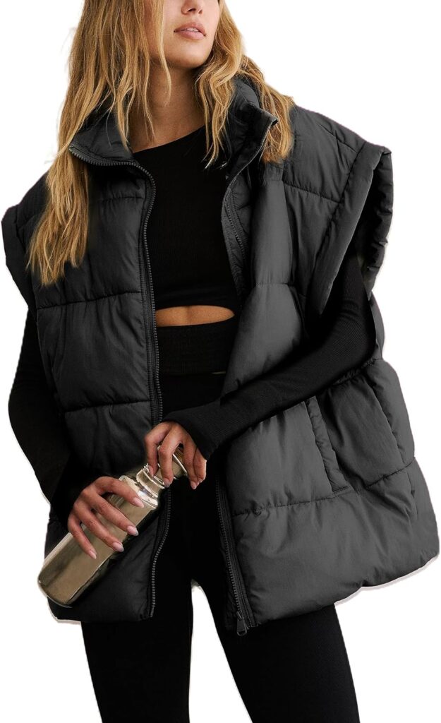 APAFES Women Winter Oversized Puffer Vest Lightweight Stand Collar Flysleeve Insulated Padded Puffy Jackets Coat with Pockets