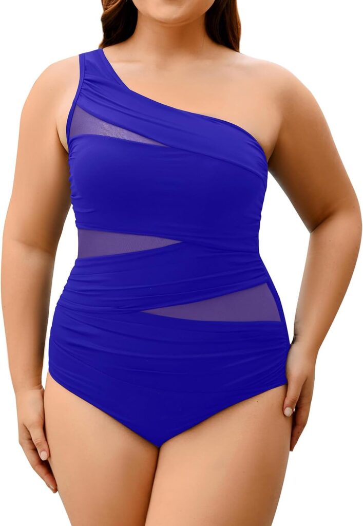 Aqua Eve Plus Size One Piece Swimsuit for Women Tummy Control Bathing Suits One Shoulder Swimwear