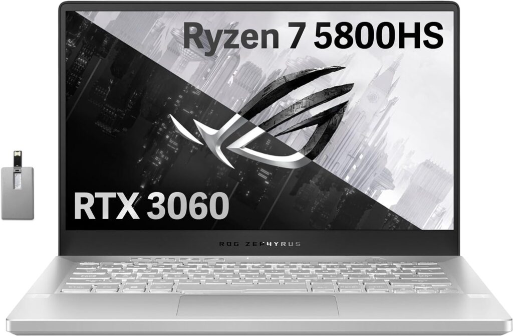 Asus ROG Zephyrus G14 Gaming Laptop, 14 FHD 144Hz Display, AMD Ryzen 7-5800HS, NVIDIA GeForce RTX 3060 6G Graphics, 16GB RAM, 1TB PCIe SSD, Backlit Keyboard, Win 11 Pro, White, 32GB USB Card