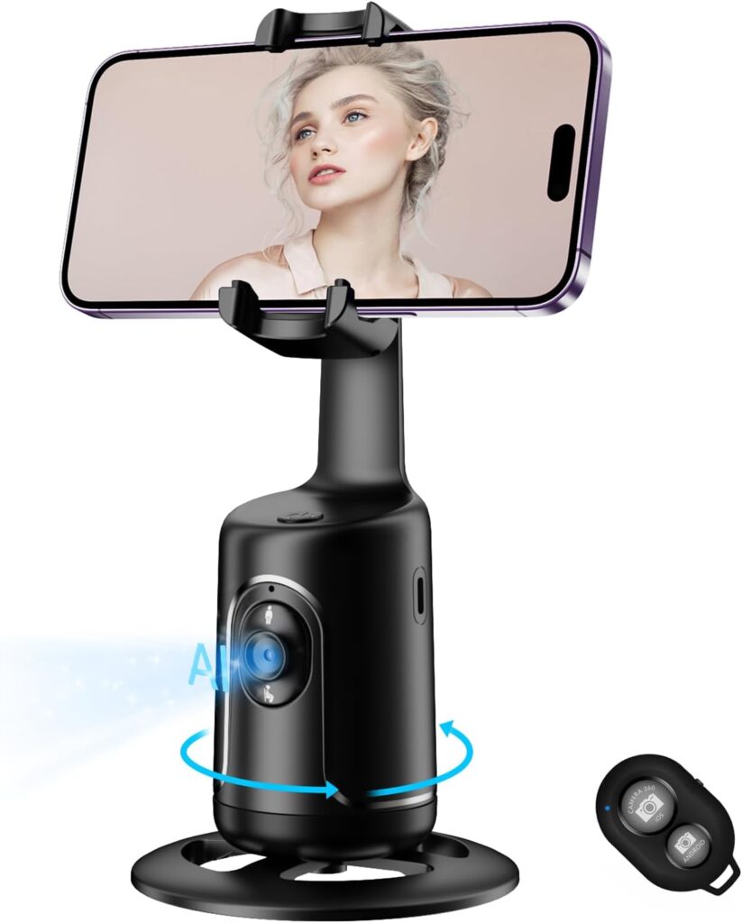 Auto Face Tracking Tripod, No App, 360° Rotation Face Body Phone Camera Mount Gesture Control, Smart Shooting Holder with 3000mAh Rechargeable Battery for Vlog, Streaming, Video, Tiktok- Black (Black)