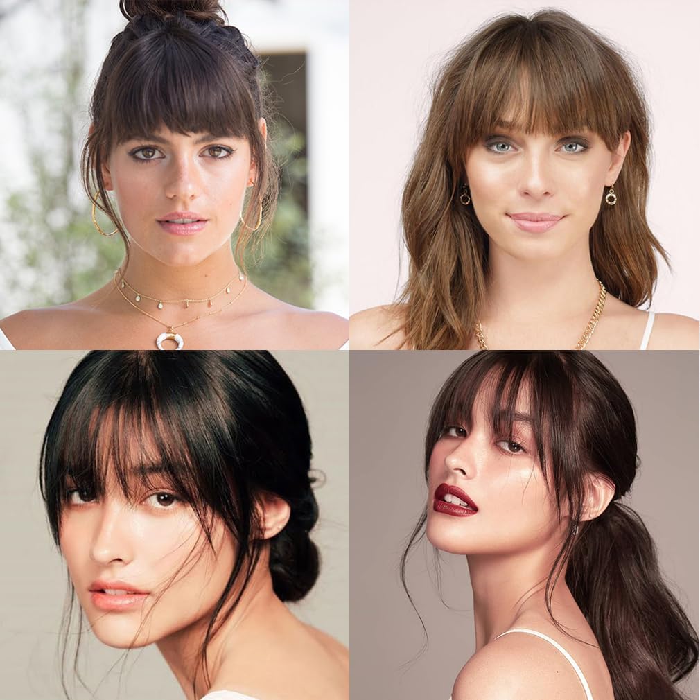 Bangs Hair Clip in Extensions French Bang Natural Full Fake Bangs Straight Fringe Hairpieces with Temples for Women Daily Wear Wigs Medium Brown
