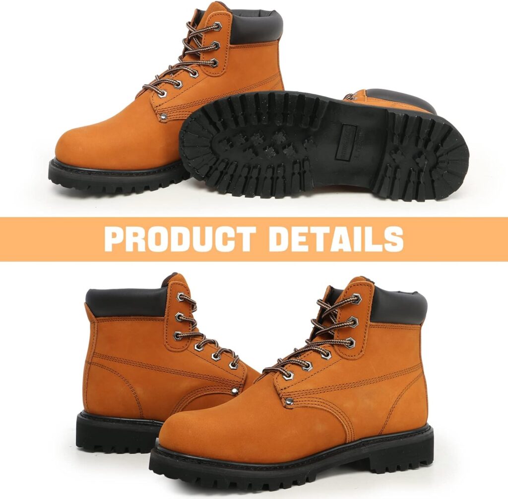 BOIWANMA Work Boots for Men, Steel Toe Leather Safety Boots, Oil, Slip and Heat Resistant Heavy Duty Wide Industrial  Construction Boots