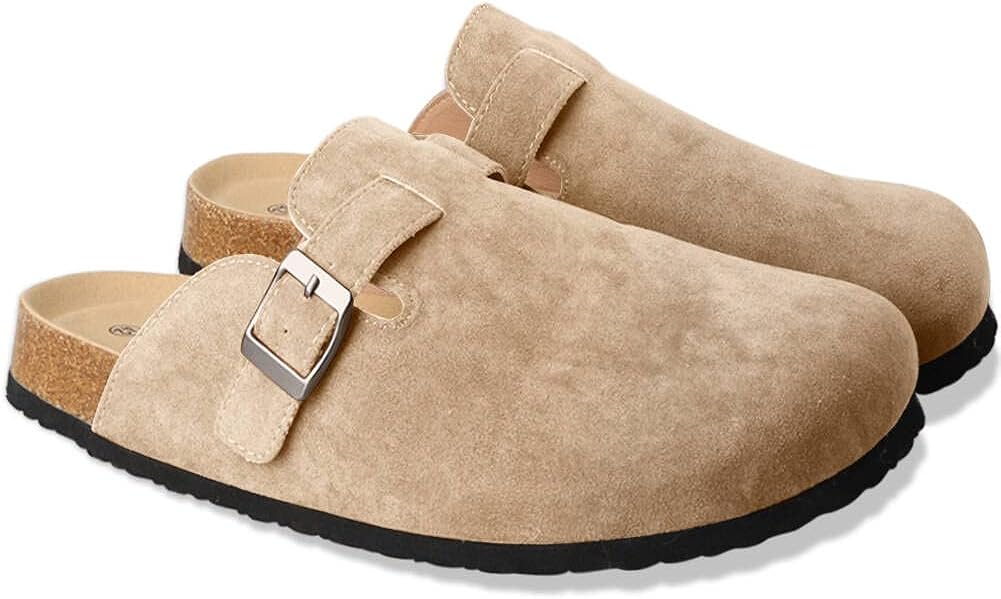 Boston Clogs for Women Boston Clogs Dupes Suede Soft Leather Clogs Classic Cork Clog Antislip Sole Slippers Waterproof Mules House Sandals with Arch Support and Adjustable Buckle Unisex