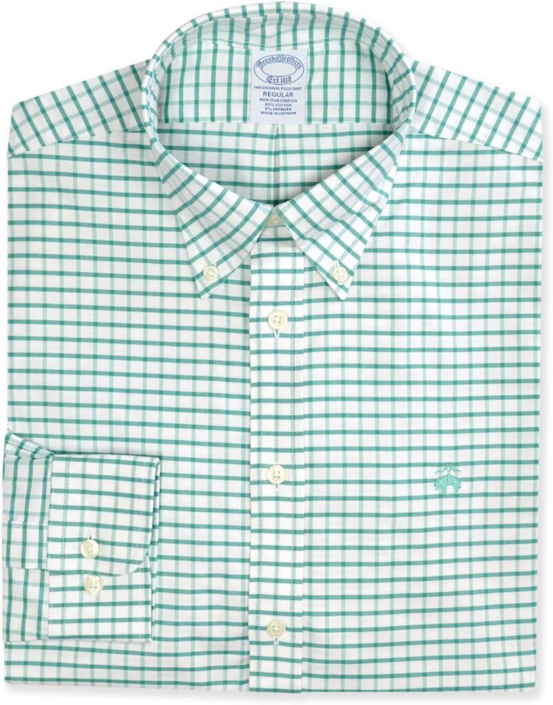 Brooks Brothers Mens Regular Fit Windowpane Plaid Cotton Blend Non Iron Button Down Shirt,