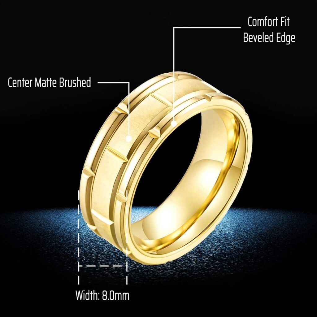 CEJUG 14Gold Plated Stainless Steel Mens Wedding Bands Titanium Engagement Rings For Men Brick Pattern Brushed Size 8-12