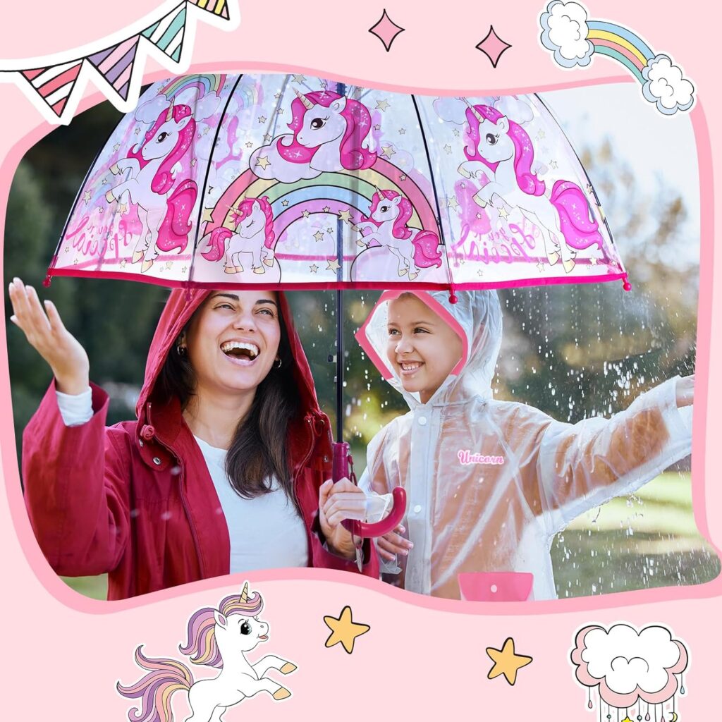 Chuarry 3 Pcs Kids Girls Unicorn Poncho Umbrella Raincoat Set Clear Pink Rainbow Accessories Rain Shoes Cover Waterproof Reusable Rainwear Umbrella Rain Shoes for Toddlers Kids 5-8 Years