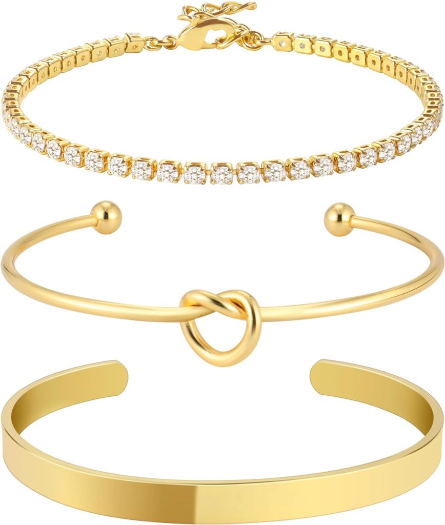 Convee Gold Bangle Cuff Bracelets for Women 14k Gold Plated Cubic Zirconia Tennis Bracelet Non tarnish Love Knot Bracelets Stack Cuff Bangles Adjustable Jewelry Set for Women 3pcs