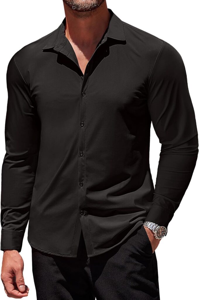 COOFANDY Mens Muscle Fit Dress Shirts Stretch Wrinkle-Free Long Sleeve Casual Button Down Shirts