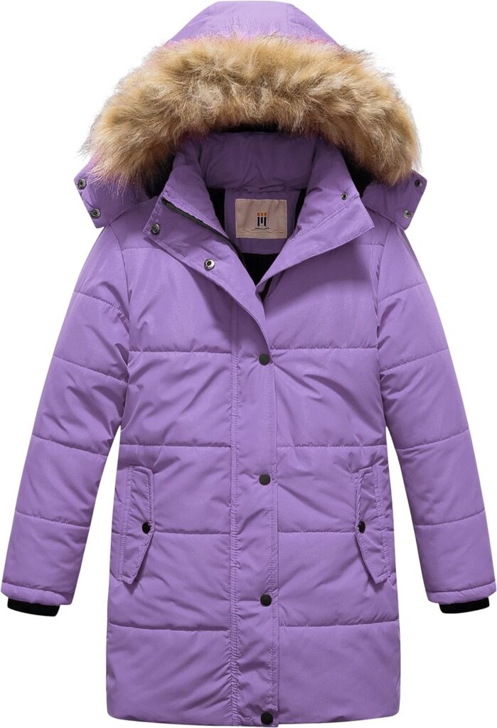 CREATMO US Girls Winter Fleece Lined Long Parka Puffer Coat Thicken Ski Jacket With Fur Trim Hood