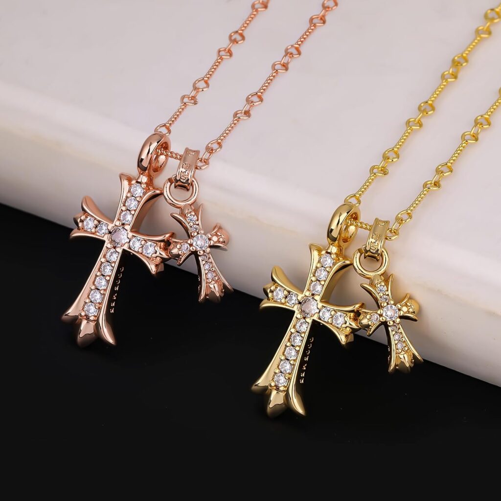 Cross Necklace 14k Gold Plated/Sterling Silver Double Cross Pendant CZ,Cubic Zirconia Cross Necklaces for Women Men Boy Jewelry Birthday Christmas Gifts