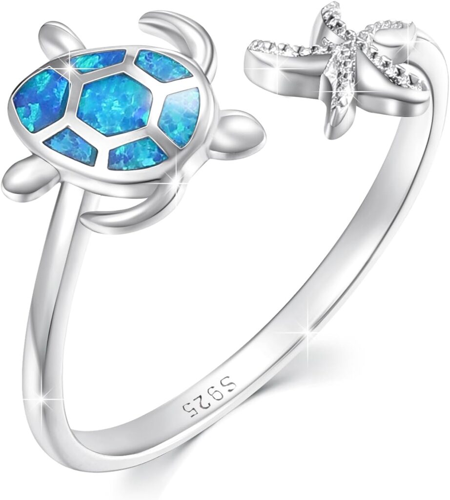 Cuoka Turtle Ring,S925 Sterling Silver Starfish Blue Opal Rings Adjustable Band Sea Turtle Jewelry Gifts for Women Girls