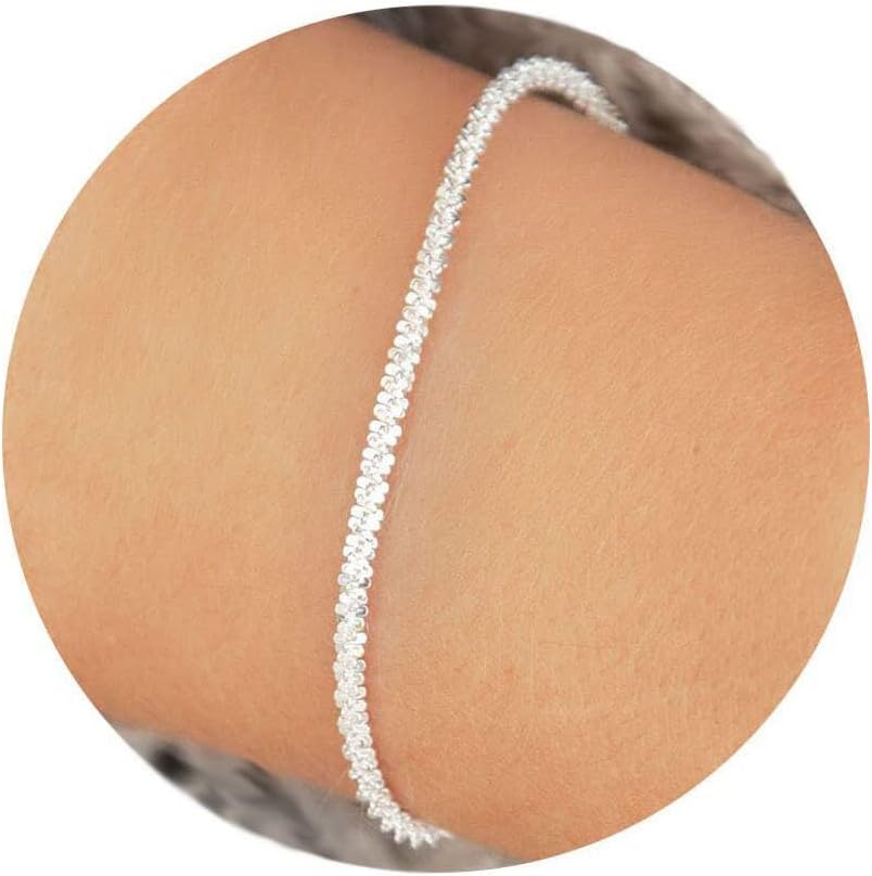 Dainty Shiny Silver Link Bracelets, Adjustable 18K White Gold Plated Simple Chain Bracelet for Women Girls