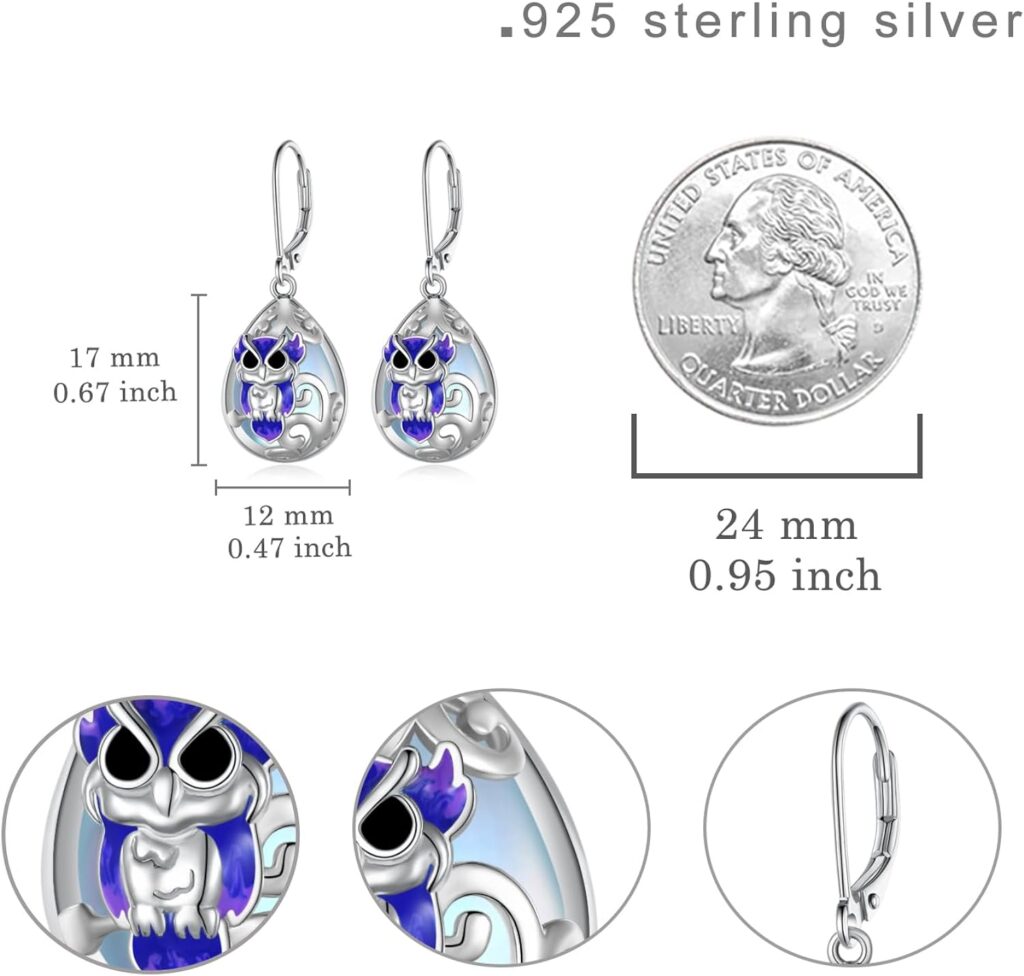 Daixiya Owl Earrings S925 Sterling Silver Moonstone Owl Dangle Leverback Earrings Hypoallergenic owl Jewelry Gifts for Women Girls