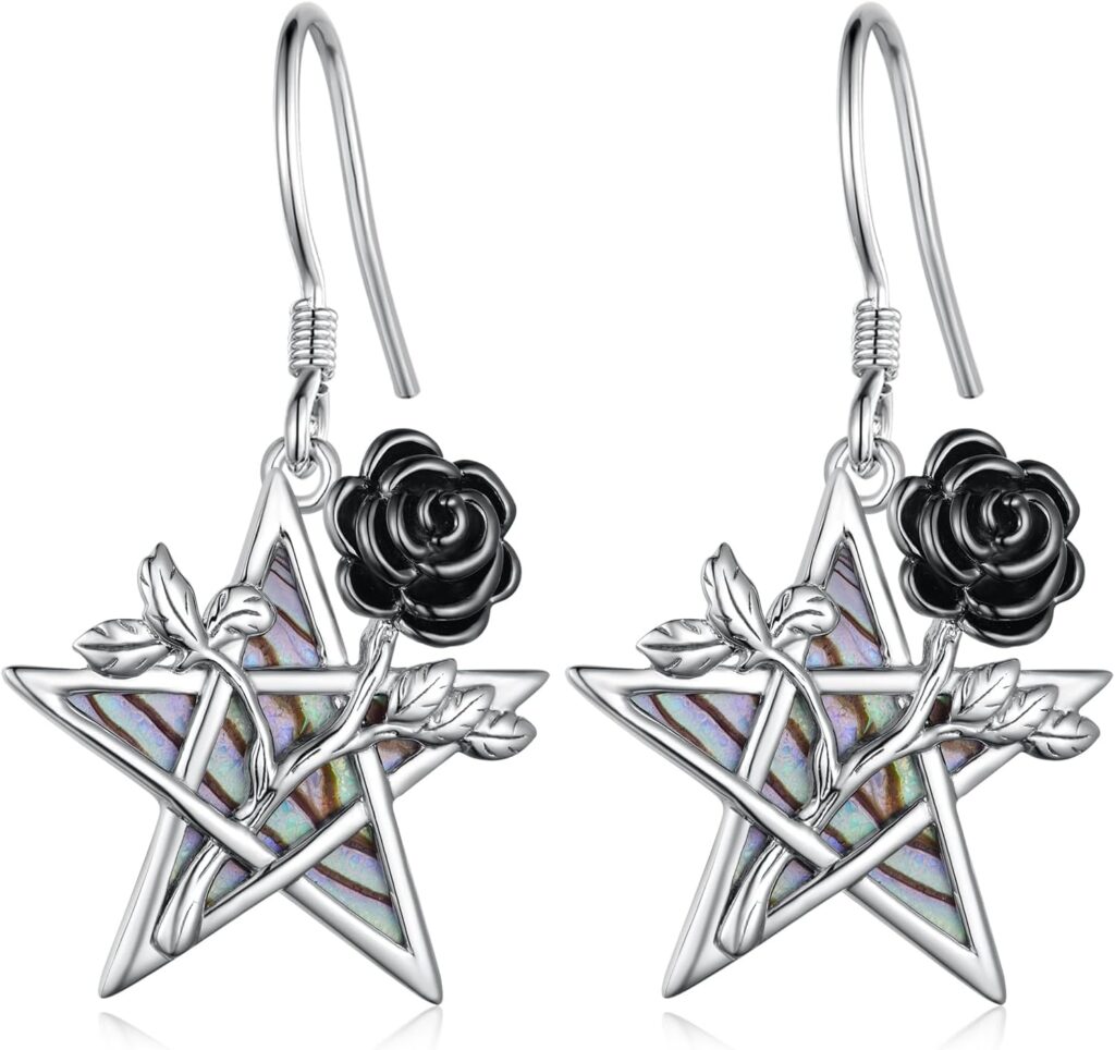 Daixiya Pentagram Earrings Sterling Silver Pentagram Rose Flower Dangle Earrings Hypoallergenic Abalone Shell Pentacle Jewelry Gifts for Women Girls