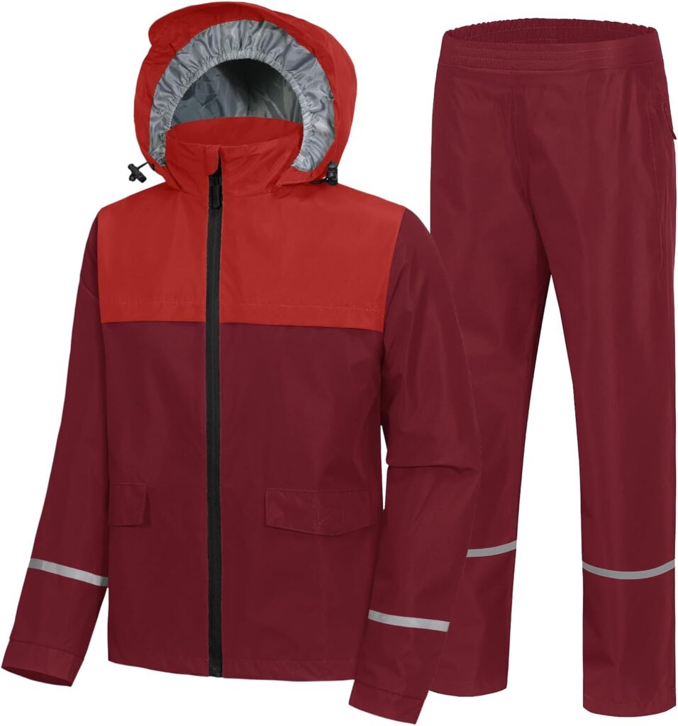 Dekomere Kids Rain Gear Lightweight Breathable Waterproof Rain Suit Boys Girls Hooded Jacket and Pants Set 7-15 Years Old