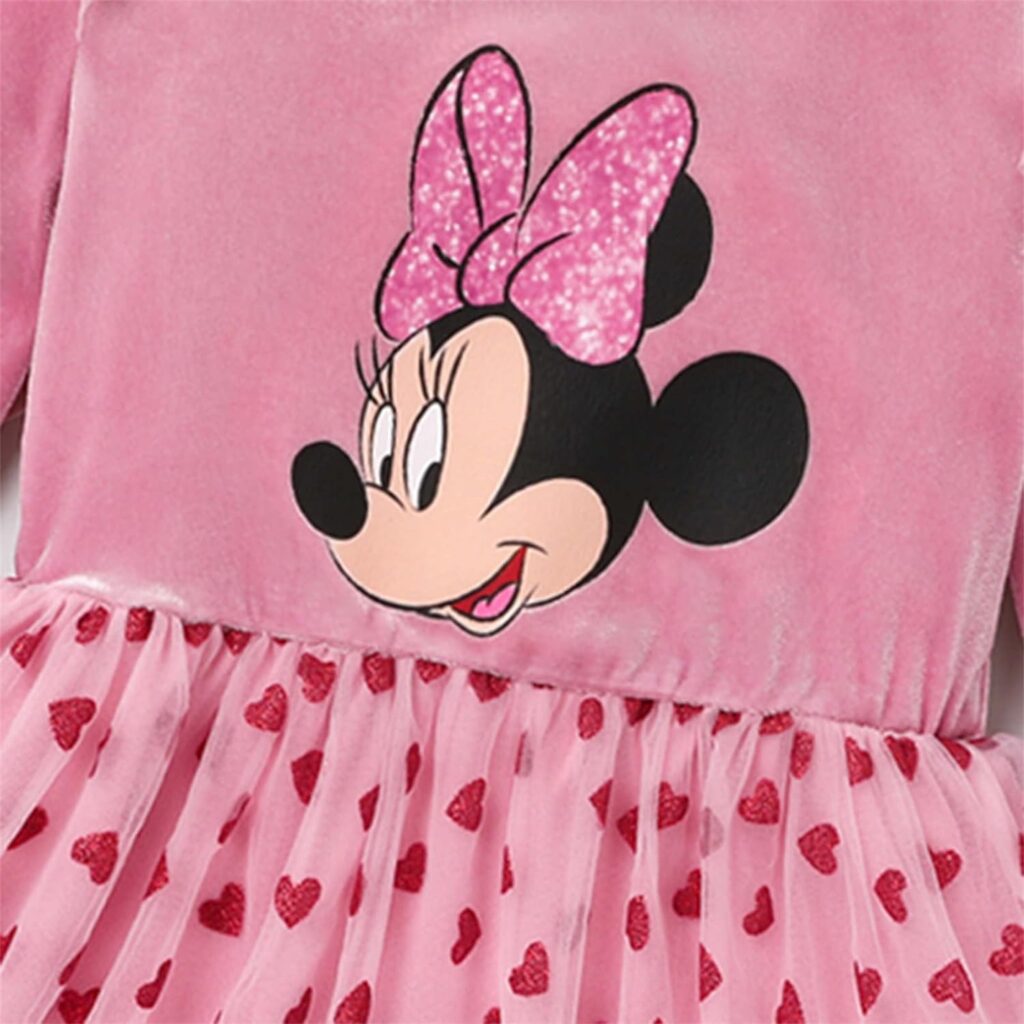 Disney Mickey Minnie Toddler Kids Girl Dress Character Print Long-Sleeve Mesh Overlay Dress Birthday Party Outfits