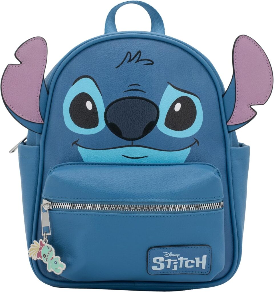 DISNEY Stitch Big Face Mini PU Backpack Purse, Shoulder Bag with Epoxy Filled Metal Scrump Charm, 10.5 Inch, Adjustable Straps, Faux Leather