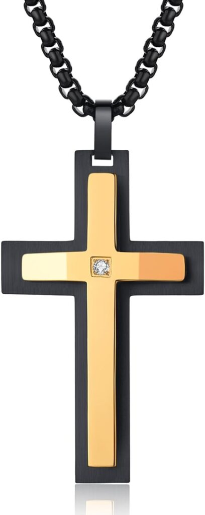 Dowos Cross Necklace for Men, Mens Cross Necklace 316L Stainless Steel Jesus Christ Cross Pendant Necklace White/Gold/Black Jewelry Rolo Chain for 22,24’’ and 26’’