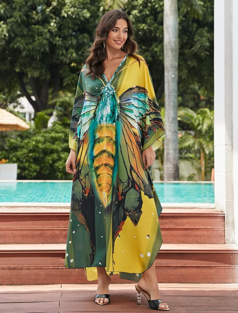 EDOLYNSA Caftan for Women Plus Size Butterfly Print Kaftan Dresses Long Bathing Suit Cover-ups Beach Outfit Loose Loungewear