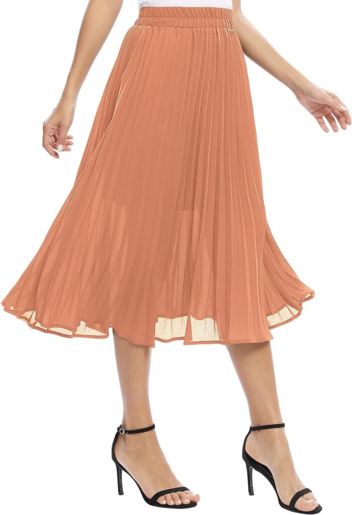 EXCHIC Womens Casual Chiffon Elastic Waist A-Line Pleated Midi Skirt with Pockets