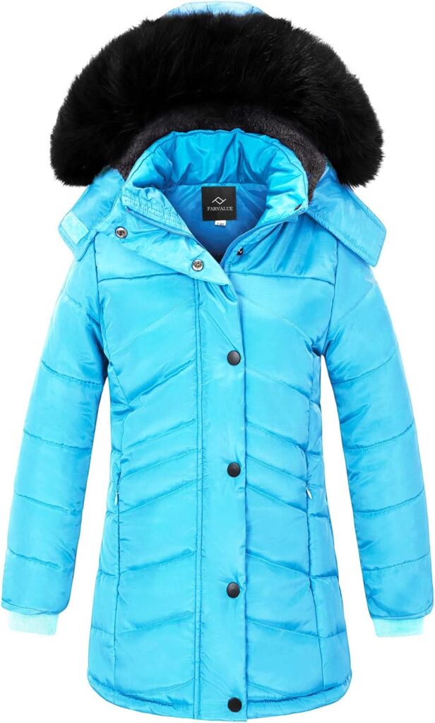 FARVALUE Girls Winter Coats Long Parka Outerwear Lined Puffer Jacket Thicken Fleece Hooded Coat for Girls