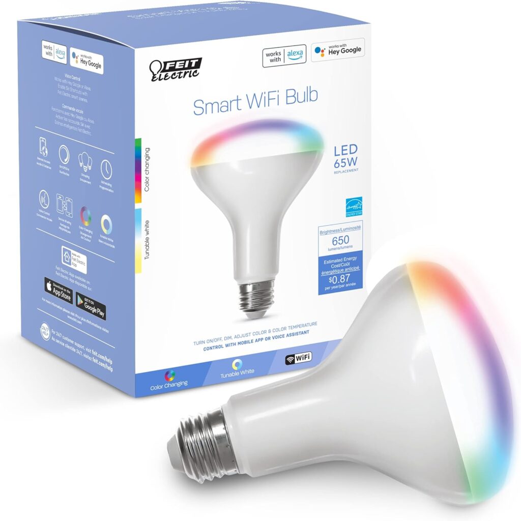 Feit Electric BR30 Smart Flood Light Bulb,2.4GHz WiFi Color Changing and Dimmable, No Hub, Works with Alexa or Google Assistant, BR30/RGBW/CA/AG, 65W, Multi-Color (RGBW), 1 Count (Pack of 1)