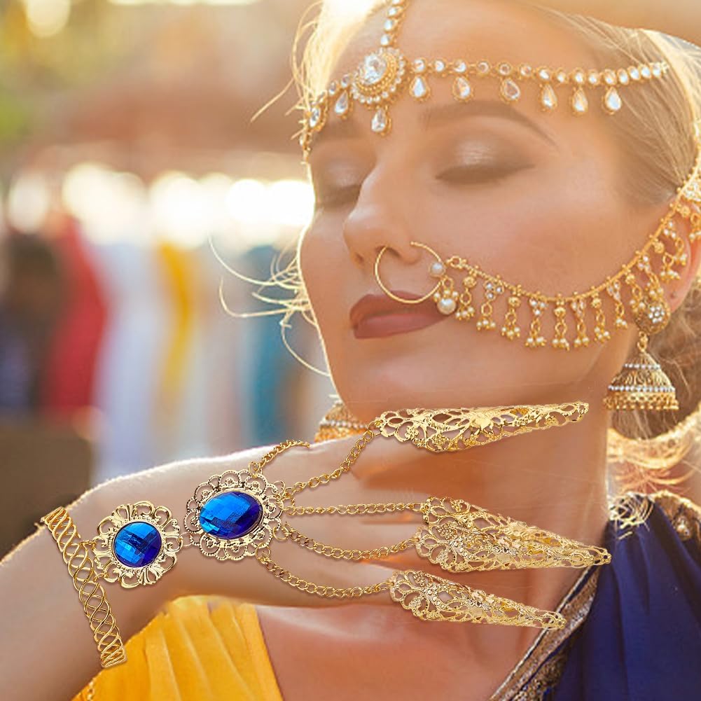 FIBLOOM 2 Colors Women Belly Dance Gypsy Egyptian Bracelets Gold Fingernail Ring Bracelet Indian Finger Claws Bracelet Tip Claw Bracelet Halloween Costume Accessories for Girl Daughter