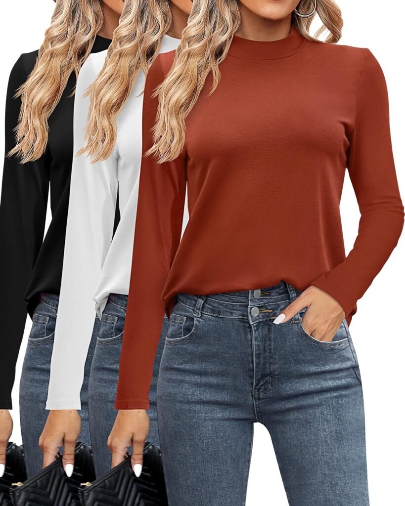 Ficerd 3 Pack Womens Mock Turtleneck Shirts, Long Sleeve Mock Neck Pullover Tops Slim Fitted Stretch Undershirt Tee Blouse
