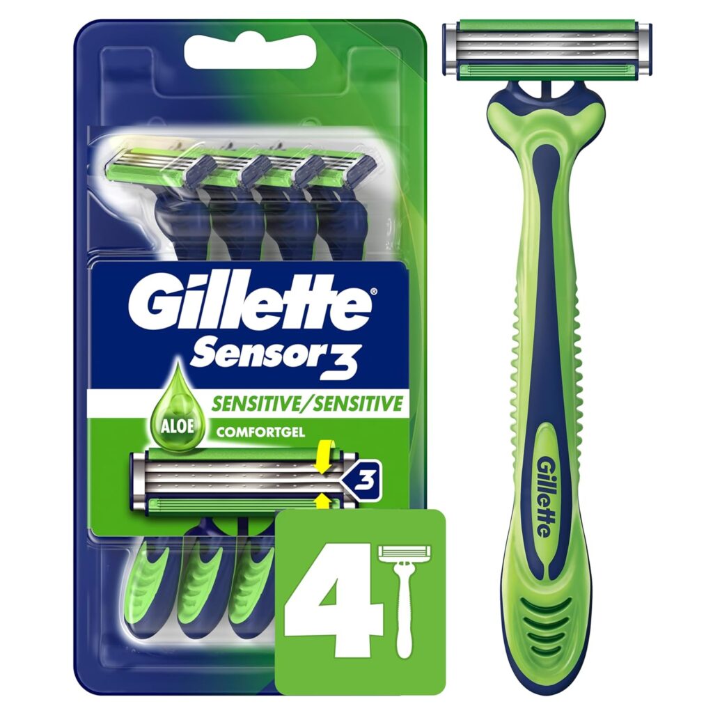 Gillette Sensor3 Sensitive Mens Disposable Razor, 4 Razors