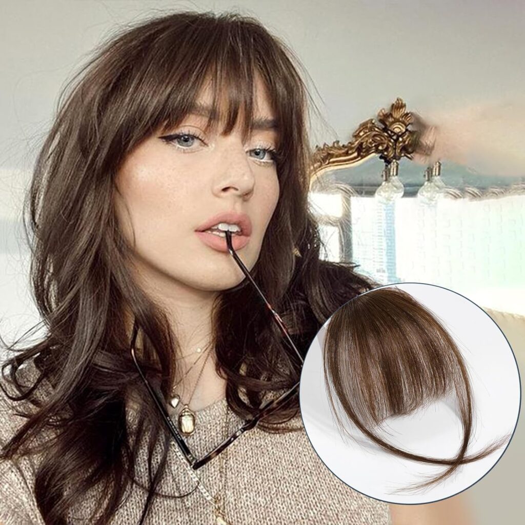 HAIRCUBE Clip in Bangs-100% Human Hair Wispy Bangs, Brown Air Bangs Fringe with Temples for Women, Clip in Hair Extensions, Curved Bangs for Daily Wear 4#