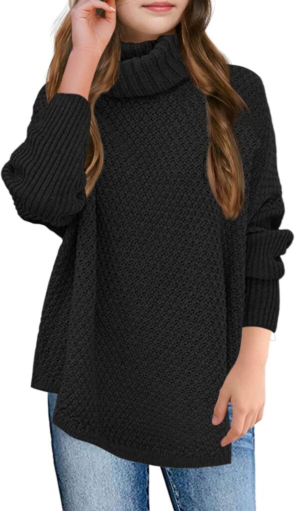 Haloumoning Girls Turtleneck Sweaters Kids Fall Fashion Long Batwing Sleeve Knit Pullover Clothes 3-14 Years