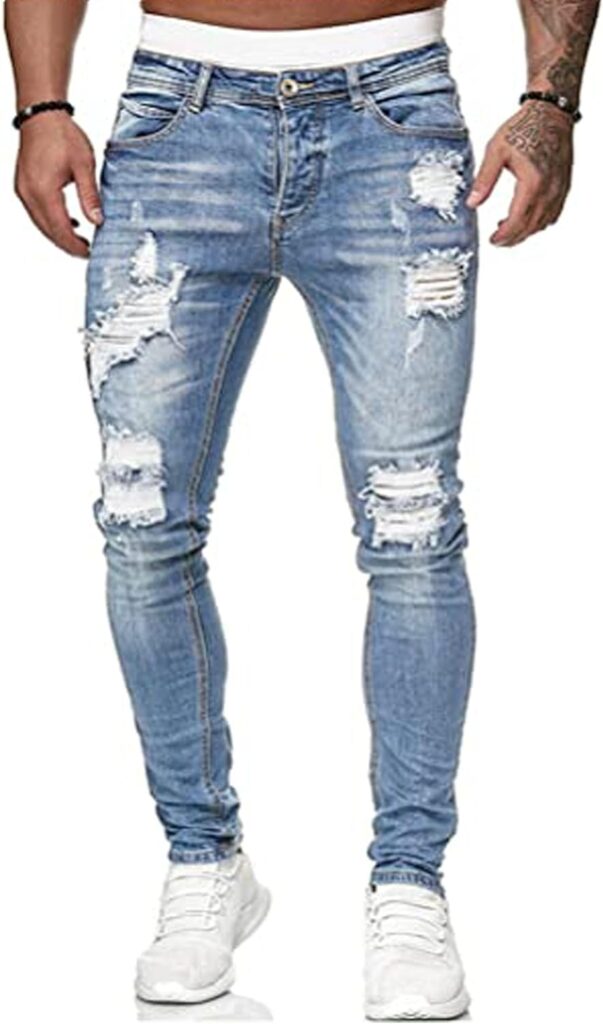 HUNGSON Mens Blue Slim Fit Jeans Stretch Destroyed Ripped Skinny Jeans Side Striped Denim Pants