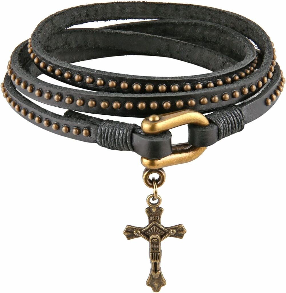 HZMAN Leather Braided Cross Bracelets for Men Boys Retro Religious Handmade Jesus Crucifix Wrap Wristband Bangle Jewelry Gift with U-Shaped Buckle