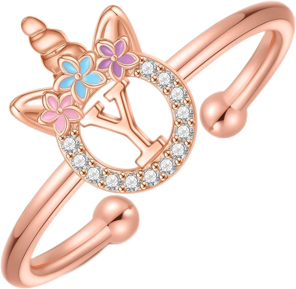 Initial Rings for Teen Girls,14K Gold/White Gold/Rose Gold Plated Adjustable Unicorn Initial Rings for Girls Cute Unicorn Alphabet Letter Rings for Teen Girls Initial Rings for Teen Girl Gifts
