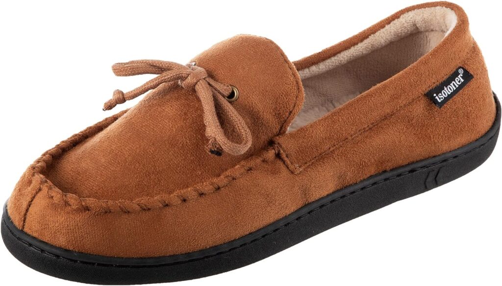 Isotoner Mens Microsuede Moccasin Slippers - Men’s Indoor and Outdoor Sole Slippers, Features Memory Foam for a Customer Fit and Arch Support for All-Day Comfort, Machine Washable