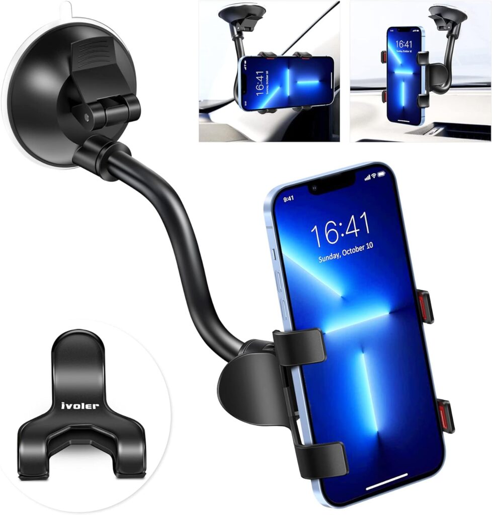 ivoler Car Phone Mount Windshield, Long Arm Clamp Universal Windshield with Double Clip Strong Suction Cup Cell Phone Holder Compatible with iPhone 13 12 11 Pro XS Max 7 8 6 Plus for Galaxy S22 Ultra
